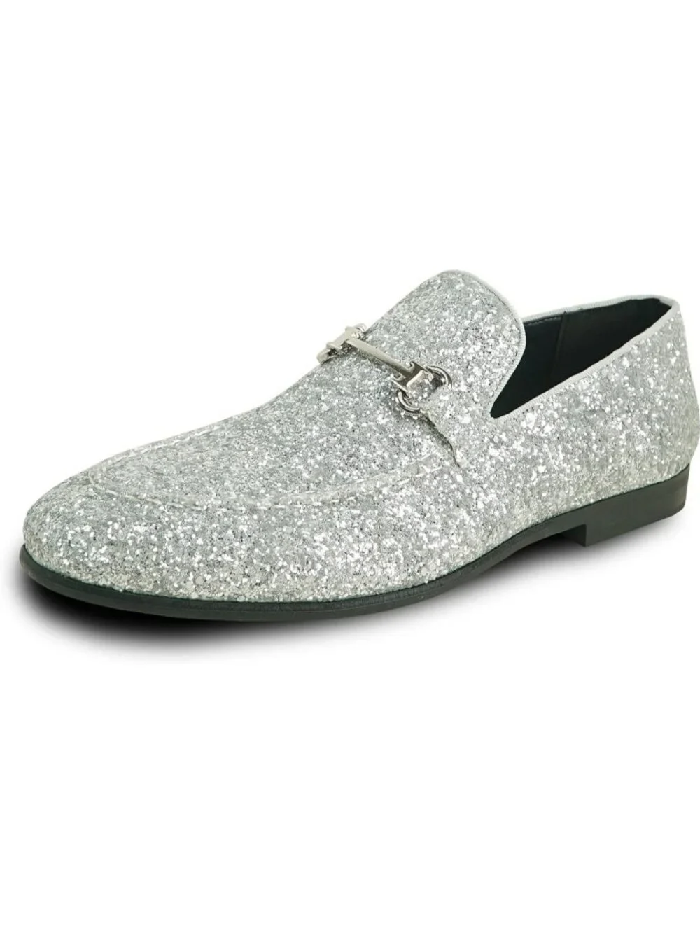 Men's Silver Glitter Loafers Metal Buckle Cap Toe Metallic Slip On Party Shoes